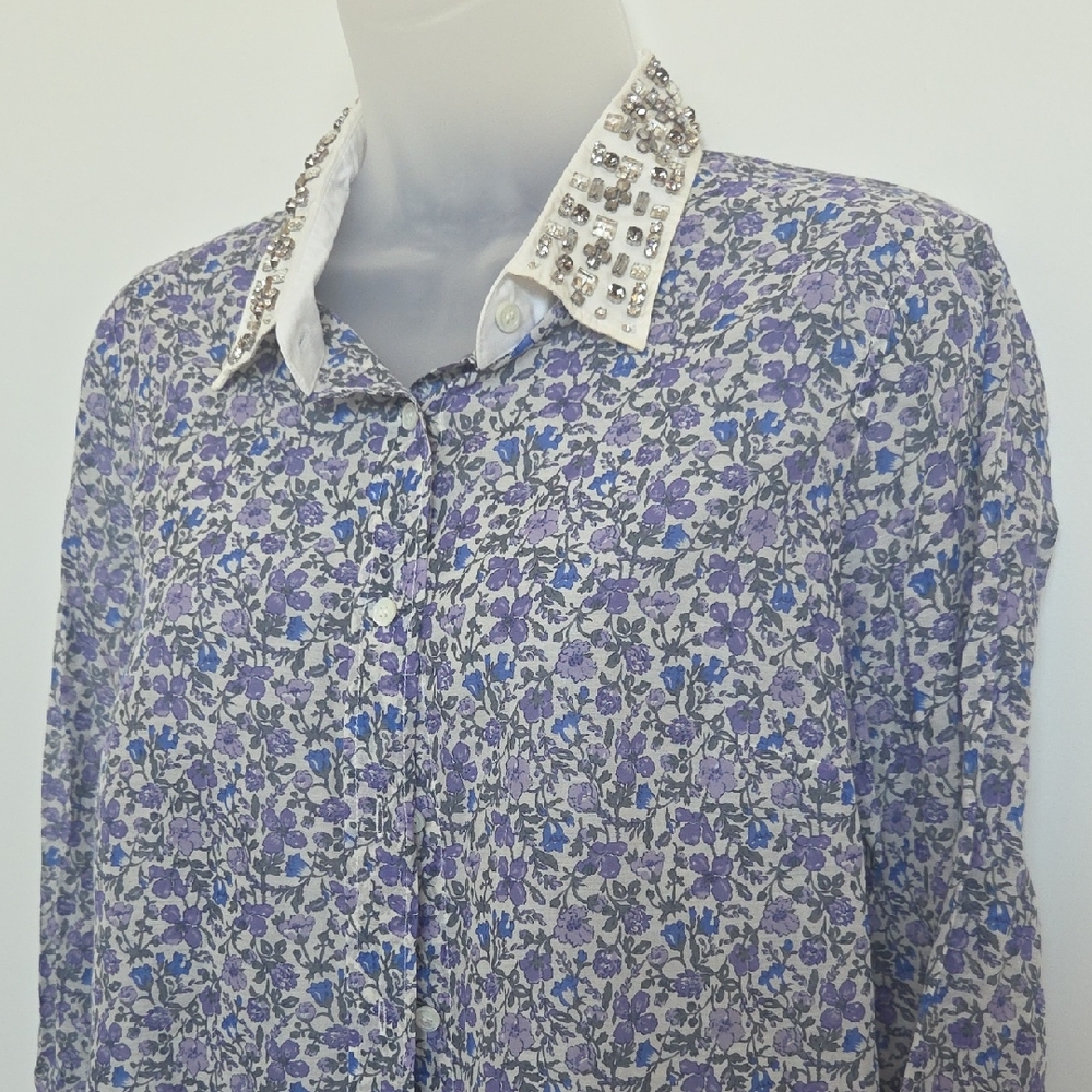 J. Crew Liberty Art Fabric Purple Floral Button Down Shirt w Embellished Collar